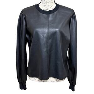 LAmade TINSLEY Black Faux Leather Long Sleeve Blouse Size Medium Rib Knit Trim